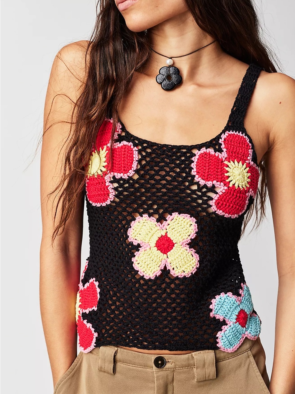 Tach Nora Knit Crochet Black Multicolor Floral Top Tank Mika Boho